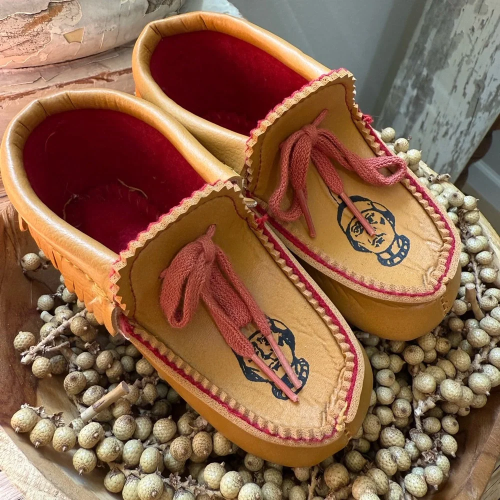 Vintage Handmade USA Kids Leather Tan Moccasins with Red Accents